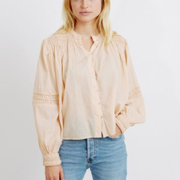MIRTH Beirut Peach Button Blouse M Boho Artisan Luxe Balloon Sleeve Cotton Top - Picture 3 of 9